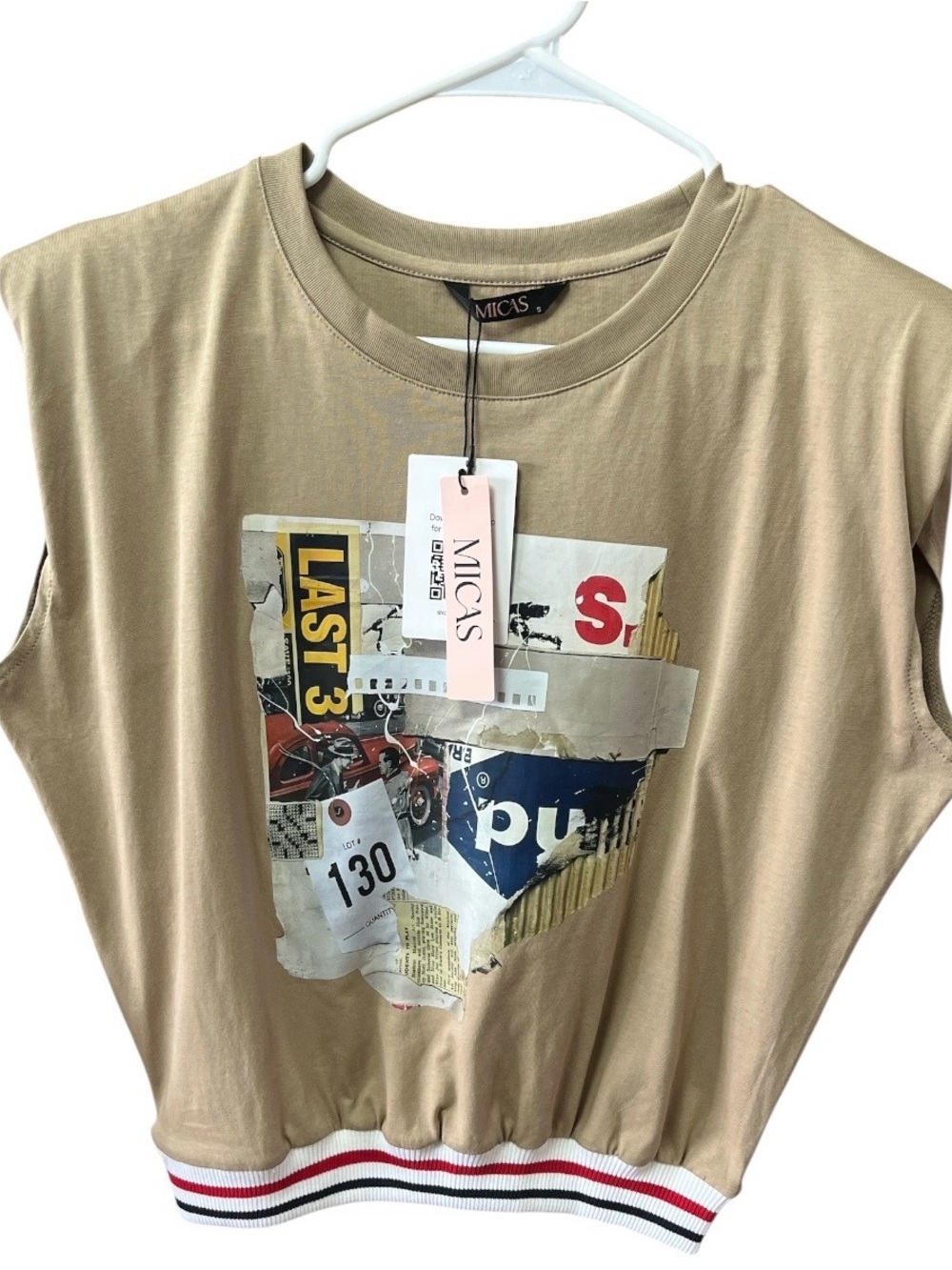 Women's Tops  NWT MICAS Graphic Crop Top with Padded Shoulders - Beige -S